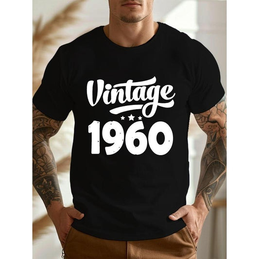 VINTAGE 1960 Print, Men's Crew Neck Short Sleeve T-shirt, Casual Comfy Lightweight Top For Daily And Outdoor Wear Made in USA