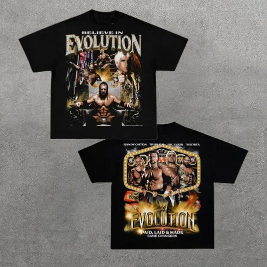 VINTAGE TEE | EVOLUTION, Double Sided Prints Vintage T-Shirt, Wrestler Shirt, WWE Shirt, Y2k Shirt, Vintage Graphic Tee, Unisex T-Shirt, Gift For Him, Adult Casual Cotton Crewneck Short Sleeve Shirt Top Menswear