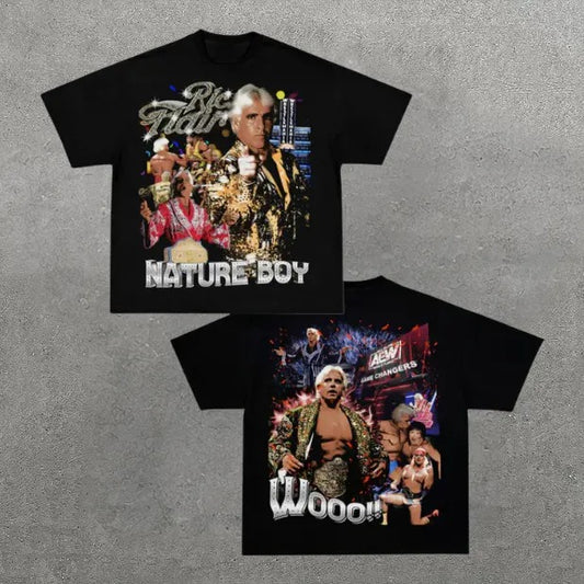 VINTAGE TEE | RIC FLAIR, Double Sided Prints Vintage T-Shirt, Wrestler Shirt, WWE Shirt, Y2k Shirt, Vintage Graphic Tee, Unisex T-Shirt, Gift For Him, Adult Casual Cotton Crewneck Short Sleeve Shirt Top Menswear