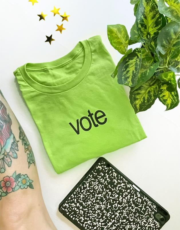 VOTE shirt on lime green unisex tshirt, brat inspired.