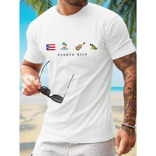 Vacation Element Print, Men's Crew Neck Short Sleeve T-shirt, Stylish & Trendy & Cozy For Casual Summer Wear Made in USA