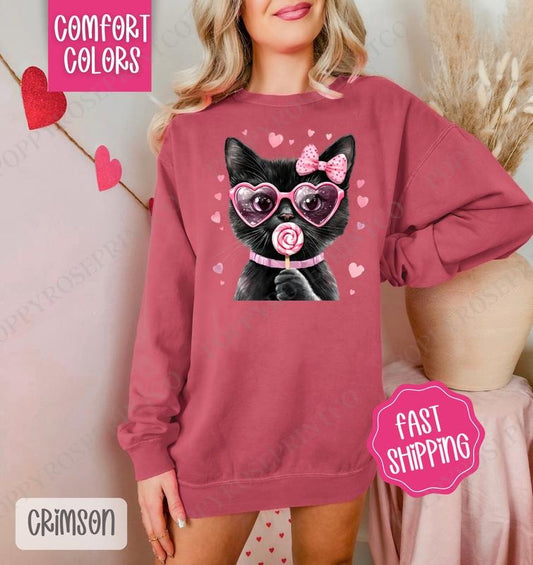 Valentine Black Cat Comfort Colors Sweatshirt, Valentine's Day Women's Crewneck, Cute Women's Sweater