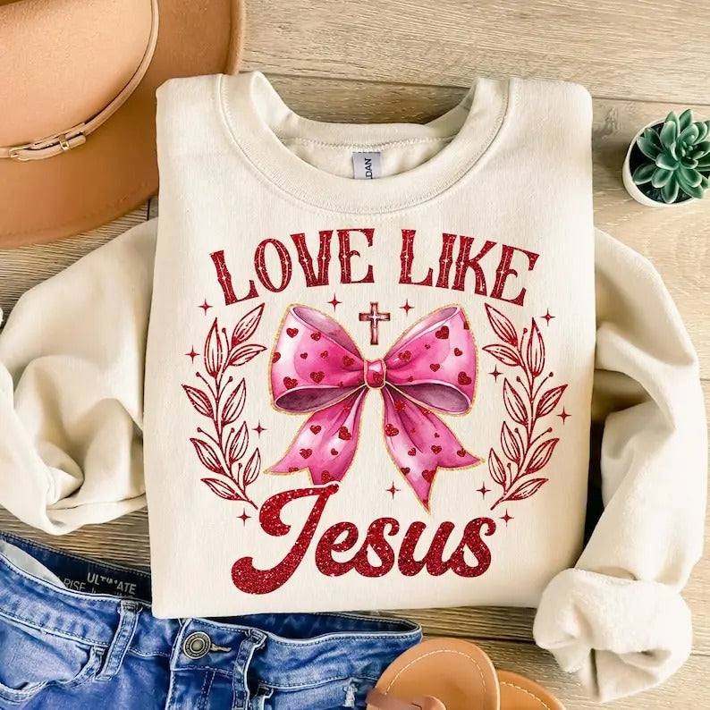 Valentine Coquette Sweatshirt Love Like Jesus , Christian Valentine , Pink Coquette Cross , Faux Sequin, Jesus Valentine