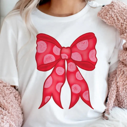 Valentine Coquette Tee Polkadot Red Bow Tshirt Red Coquette Valentine Top Womens Valentine T-Shirt Casual Lightweight Love Bow Top Preppy Womenswear Unisex Tees