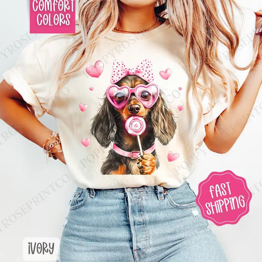 Valentine Dachshund Shirt Comfort Colors, Dog Valentine's Day Women's Tee, Cute Women's Tshirt for Valentines