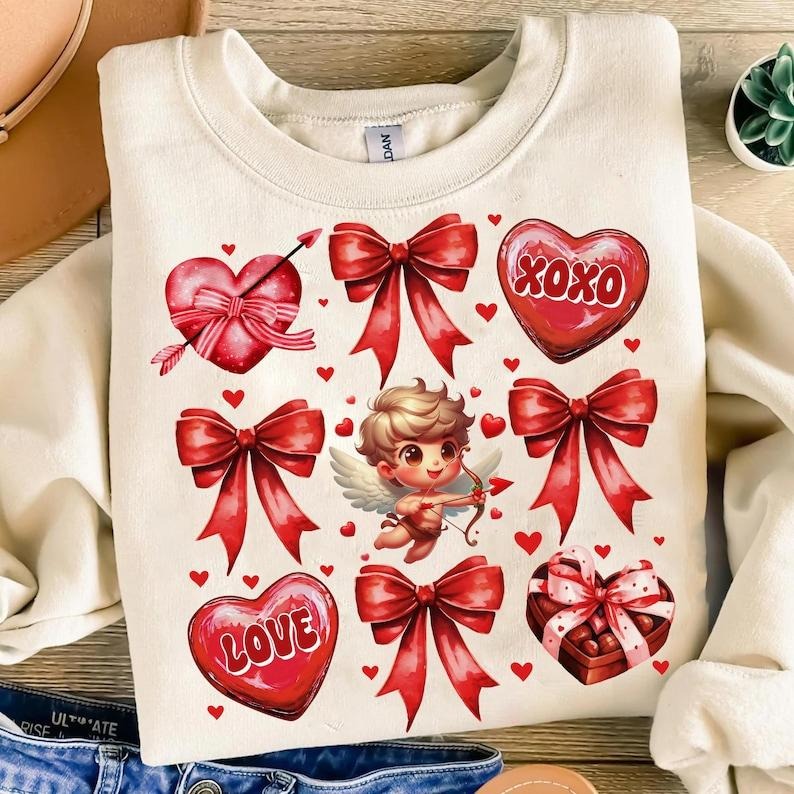 Valentine Heart Coquette Bow Sweatshirt Valentine Bow , Valentine Cupid  , XOXO , Retro Valentine T-Shirts, Hoodie