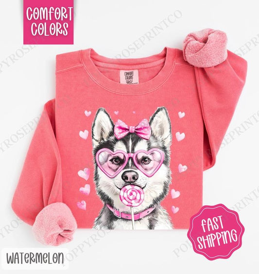 Valentine Husky Comfort Colors Sweatshirt, Valentine's Day Women's Crewneck, Cute Women's Sweater