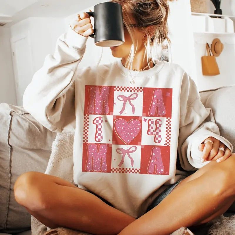 Valentine Mama Coquette Sweatshirt, Pink Bow Heart Sweatshirt, Retro Valentine Sweatshirt, Pink Checkerboard Sweatshirt,...