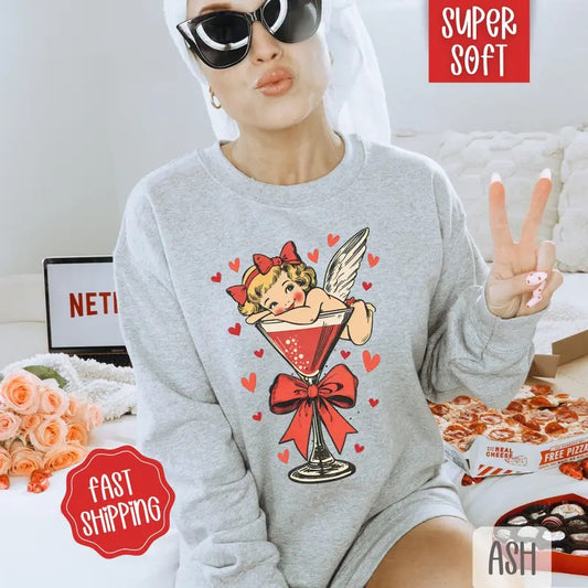 Valentine Sweatshirt Cupid Martini, Valentine's Day Crewneck, Holiday Women's Sweater valentine sweatshirt