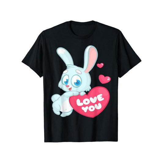 Valentine's Day 'I Love You' Bunny Graphic Tee - 100% Cotton, Soft & Breathable, Perfect Gift for Men & Women, Casual Fit, Machine Washable - Black made in usa