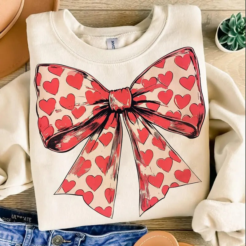 Valentine's Day Heart Coquette Bow Crewneck, Retro Valentine T-Shirt, Valentine Love Sweatshirt, Romantic Holiday Sweater
