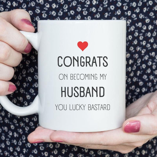 Valentine's Day Presents, Congrats On Becoming My Husband You Lucky Bastard Mug, Funny Husband Mug, Husband Mug From Wife, Valentines Coffee Mug, Gifts For Him Her, 11oz 15oz Ceramic Cup, Gifts For Valentines Day, Lovers Day Drinkware Printed