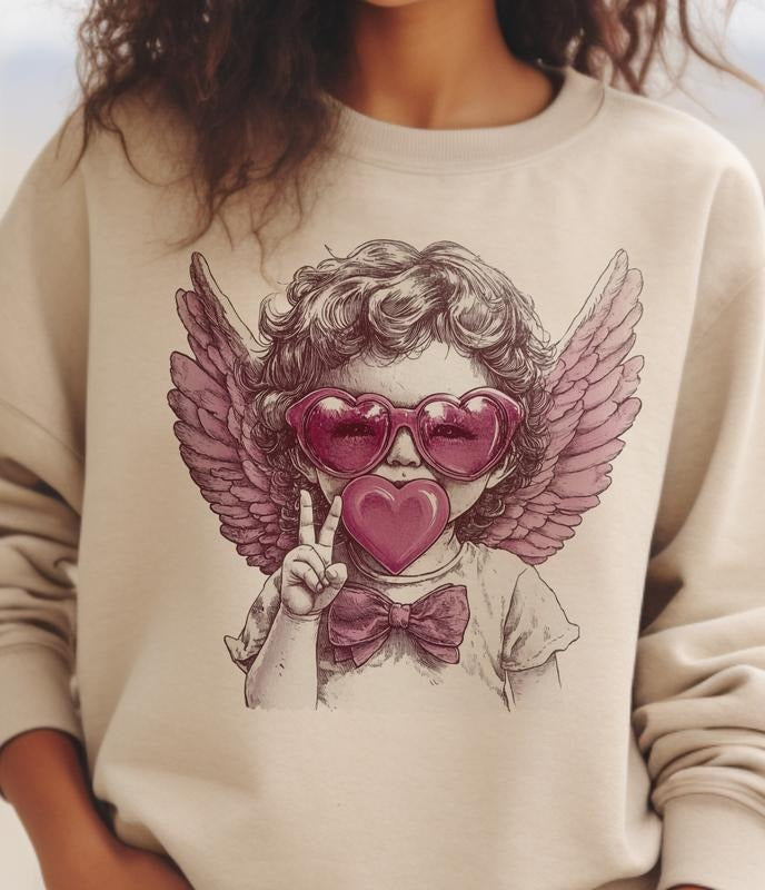 Valentines Bubblegum Cupid Sweatshirt Cute Angel Sunglasses Pullover Valentine Peach Cupid Sweatshirt Love Cupid Bow Tie Top Ladies Cute Valentine Hoodie Crewneck Shirt Lightweight Womenswear Shirt