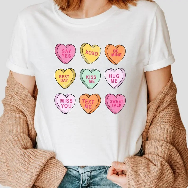 Valentines Day Tshirt, Retro Vintage Conversation Hearts T-Shirt, Valentines Day Shirt for Women, Valentines Day Gift, Cute Heart Tee Top Womenswear