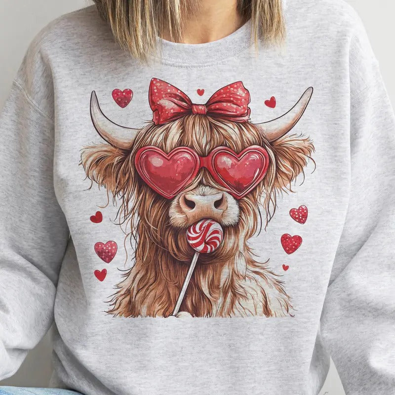Valentines Highland Cow Sweatshirt  Retro Coquette Cow Pullover Country Valentine Cow Sweatshirt Heart Sunglasses Red Bow Cow Top Love Heart Highland Cow Womenswear Casual Valentines Top