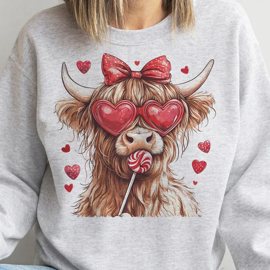 Valentines Highland Cow Sweatshirt  Retro Coquette Cow Pullover Country Valentine Cow Sweatshirt Heart Sunglasses Red Bow Cow Top Love Heart Highland Cow Womenswear Casual Valentines Top