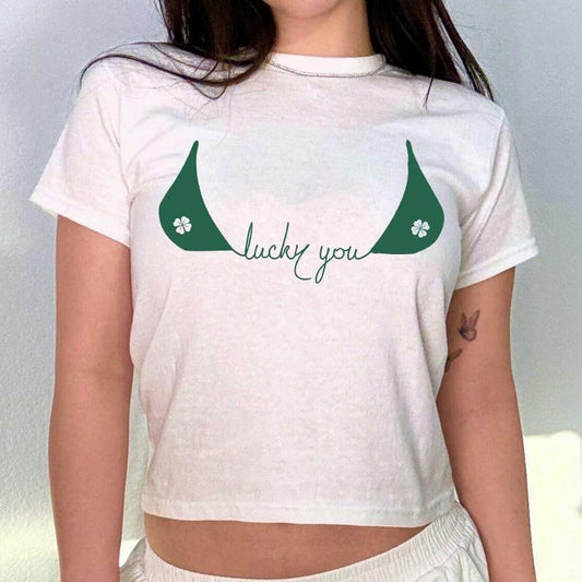 Varsity Lucky 4 Leaf Clover Baby Tee, Four Leaf Clover Baby Tee, St Pattys Day Tee, y2k baby tee