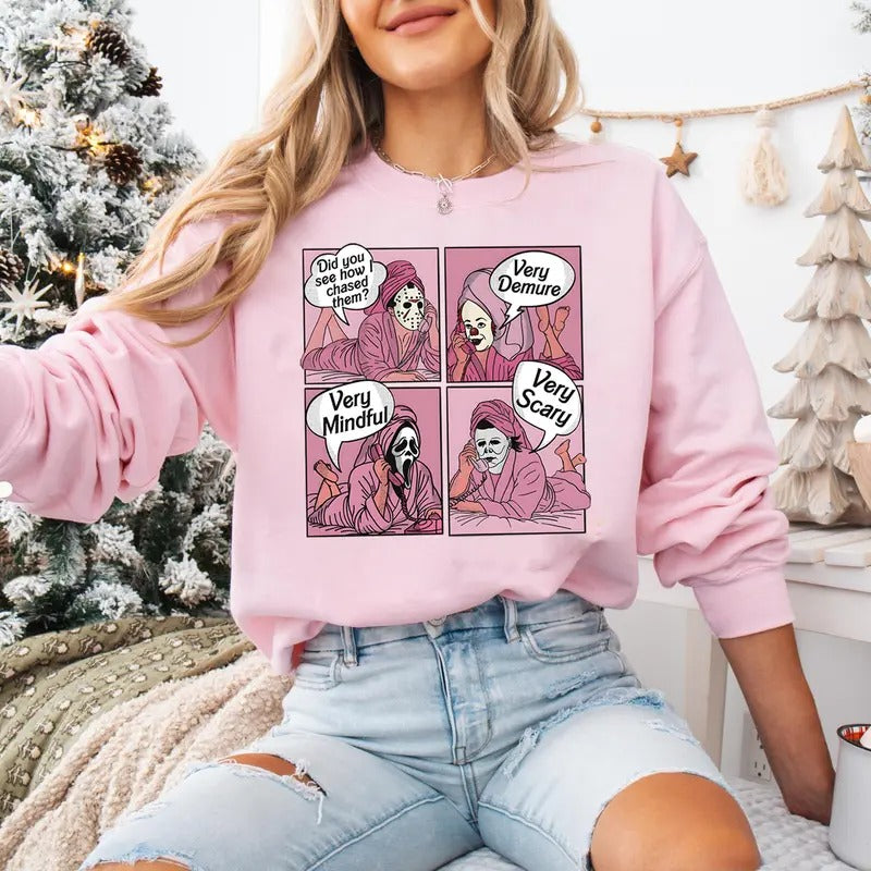 Very Mindful Very Demure Sweatshirt, Pink Halloween Sweatshirt, Funny Halloween Shirt, Halloween Movie Sweatshirt, Spooky Season Trending Fall Sweater, Girly Halloween Shirt, Fall Halloween Gift Shirt