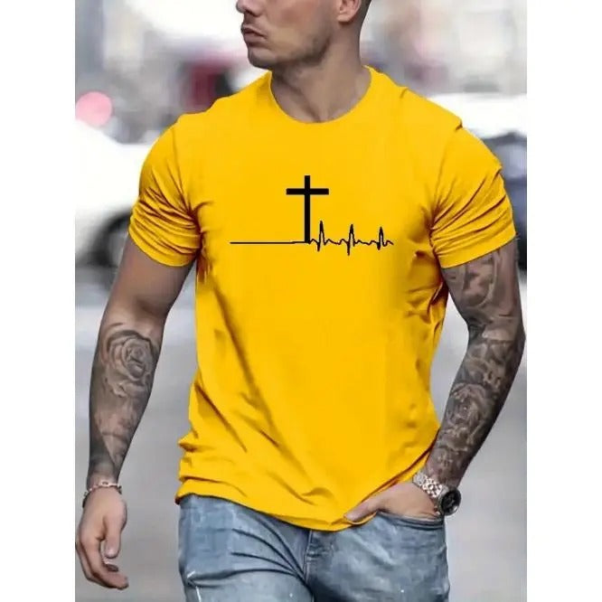 Vibrant Cross Print Short Sleeve T-Shirt for Men - Soft Medium Stretch Polyester Crew Neck Tee for Summer - Basics, Regular Fit, Knit Fabric, No Sheer Made in USA