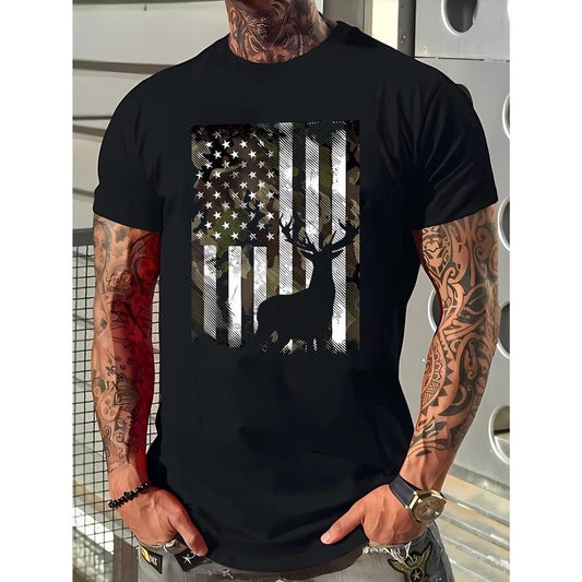 Vibrant Deer Silhouette American Flag Graphic Tee - Comfy Crew Neck, Short Sleeve, Casual Fit, Summer Essential, Graphic Print, Men's Fashion T-Shirt Made in USA