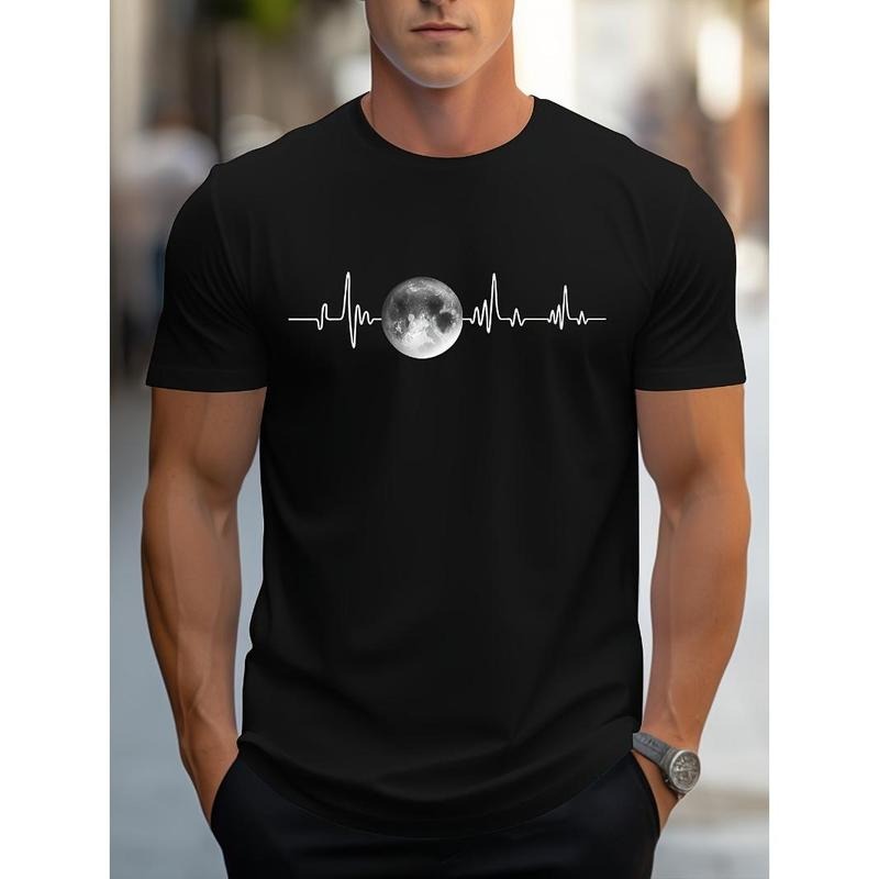 Vibrant Moon Print Tee - Men's Round Neck Short Sleeve Fashion T-Shirt for Spring Summer Holiday - Comfortable Regular Fit, Breathable, Soft Fabric, Casual Wear Made in USA