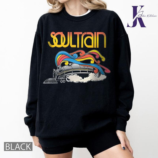 [Vibrant Soul Train Tee] Vibrant Plus Size Women's Fashion T-Shirt - "Soul Train" Graphic, Stretchy Polyester Blend, Round Neck Short Sleeve - Colorful & Comfortable Casual Wear