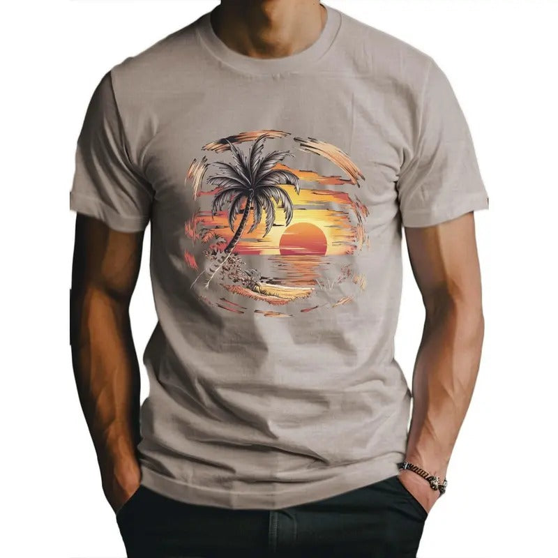 Vibrant Tropical Beach Sunset Graphic Fitted Mens T-Shirt - Sweat-Wicking, Freedom of Movement, and Breathable Fabric for Active Lifestyles - Perfect for Outdoor Enthusiasts and Beach Lovers Made in USA
