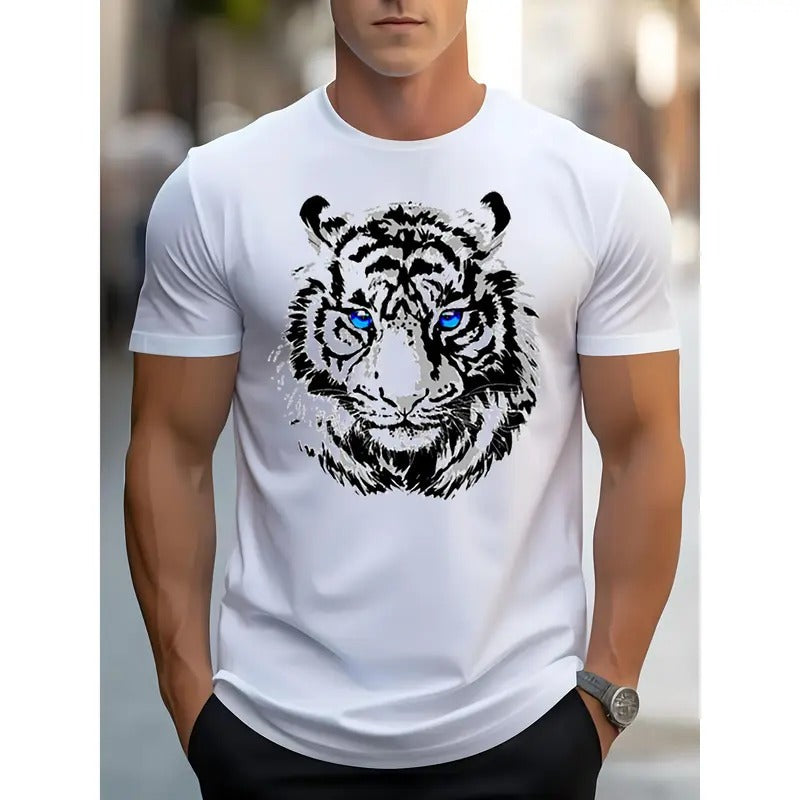 Vibrant White Tiger Graphic Print Round Neck Short Sleeve Unisex T-Shirt - Soft Cotton, Casual Comfort, Spring & Summer Essential, Personality Tee for Men and Women Made in USA