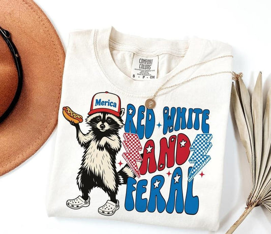 Victoria Maxwell, Vintage Graphic Tee, Comfort Colors Red White And Feral Shirt, 4th Of July , Funny Hotdog Raccoon USA Shirt, American Tee