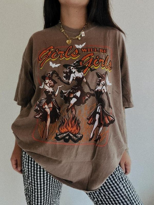 Victoria Maxwell, Womenswear Girls Will Be Girls Halloween Tee, feminist trendy witchy Halloween tee, vintage inspired Halloween graphic, Gift for Her
