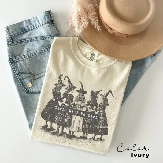 Victoria Maxwell, Womenswear Girls Will Be Girls Witch Shirt Vintage Halloween Shirt Funny Feminist Shirt Ironic Shirt Aesthetic TShirt Spooky Witchy Top Comfort Colors