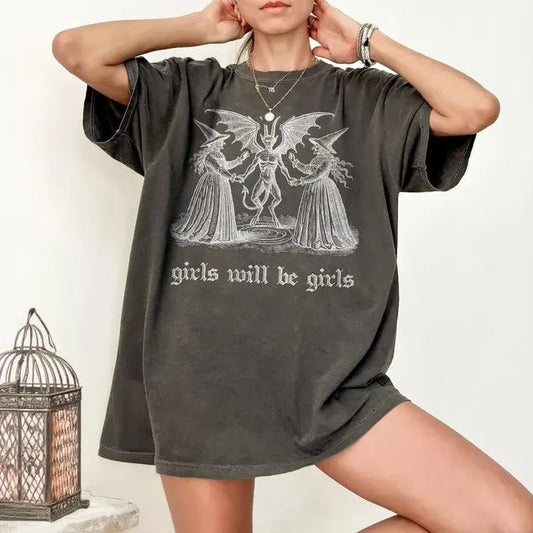 Victoria Maxwell, Womenswear Girls Will Be Girls Witch Shirt Vintage Halloween Shirt Funny Feminist Shirt Ironic Shirt Aesthetic TShirt Spooky Witchy Top Comfort Colorsstyle{n002}2