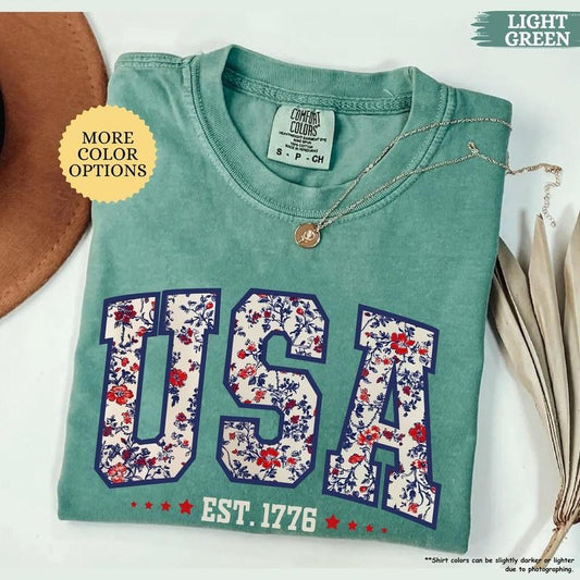 Victoria Maxwell, Womenswear Vintage Graphic Tee, Comfort Colors Floral USA Shirt, American Girl, USA Est 1776 Shirt, Girly 4th of July, Patriotic Women, Flower USA T-Shirt