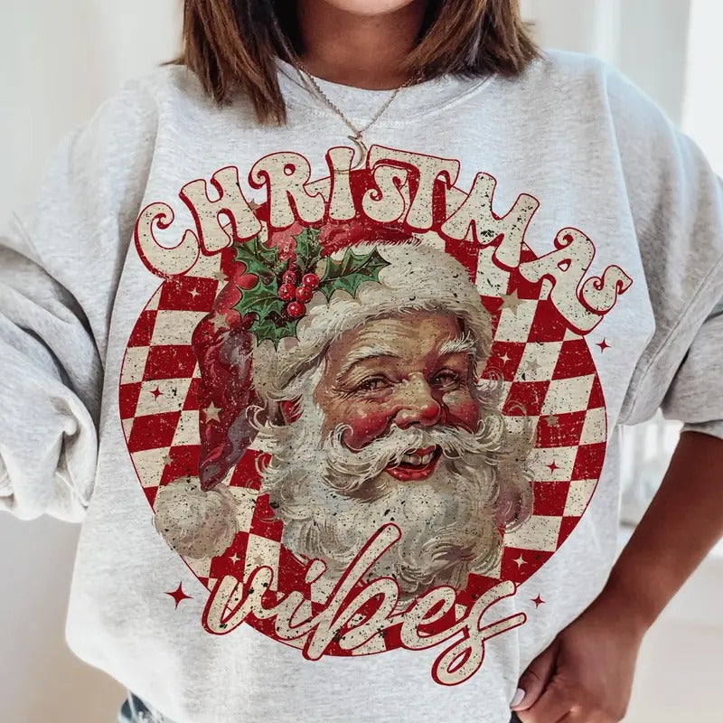 Vintage 2024 Christmas Vibes TShirt, Christmas Season Sweatshirt, Santa Claus Unisex Women's Top in 100% Cotton - Fit Crewneck Fabric