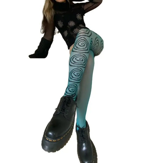 Vintage 60s Printed Funky Tights for Women Y2K Tie Dye Mesh Pantyhose Skinny Body Shaping Leggings Streetwear