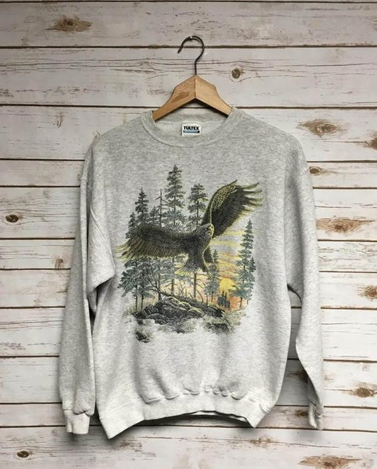 Vintage 80's 90's Eagle crewneck sweatshirt sunset nature scene animal print bird crew neck sweatshirt heather gray forest Menswear Athletic