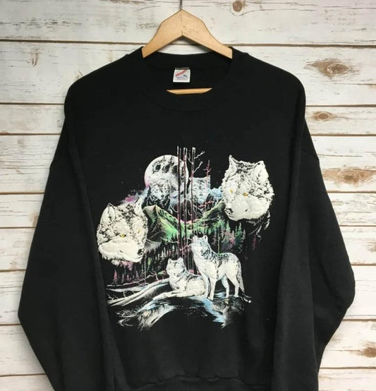 Vintage 80's Wolves crewneck sweatshirt puffy graphic neon colors Howling wolf crew neck sweatshirt Jerzees black wolf sweatshirt Menswear Athletic