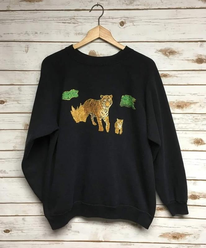 Vintage 90's Tiger Zebra crewneck sweatshirt hipster animal print crew neck sweatshirt big cats animal sweatshirt glitter