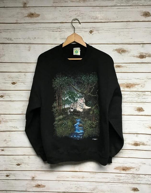 Vintage 90's White Tiger Jungle crewneck sweatshirt black soft Tiger crew neck sweatshirt embroidered Jungle cat Big cat Menswear Athletic