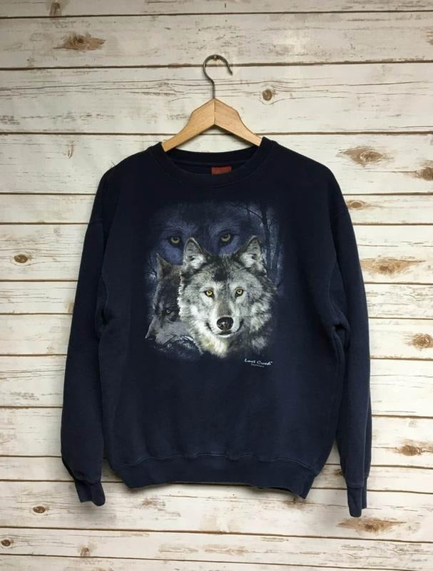 Vintage 90's Wolf crewneck sweatshirt Wolves crew neck sweatshirt lone wolf animal print outdoor nature scene sweatshirt Menswear Athletic