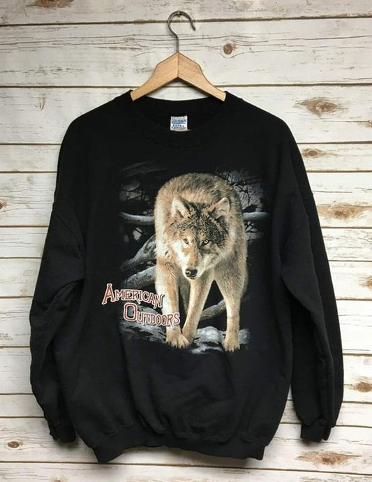 Vintage 90's Wolf crewneck sweatshirt Wolves sweatshirt American Outdoors black animal print crew neck sweatshirt southwest hippie Menswear Athletic