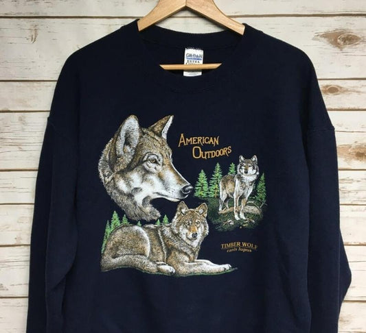 Vintage 90's Wolves crewneck sweatshirt Wolf crew neck sweatshirt Timber Wolf lone wolf animal print sweatshirt Dog - Large Menswear Athletic