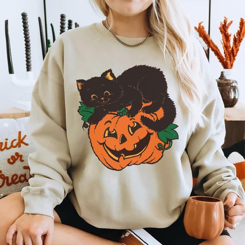 Vintage 90s Black Cat Halloween Sweater, Retro Halloween Sweatshirt, Spooky Season Crewneck, Pumpkin Cat Sweatshirt, Pumpkin Black Cat Sweatshirt