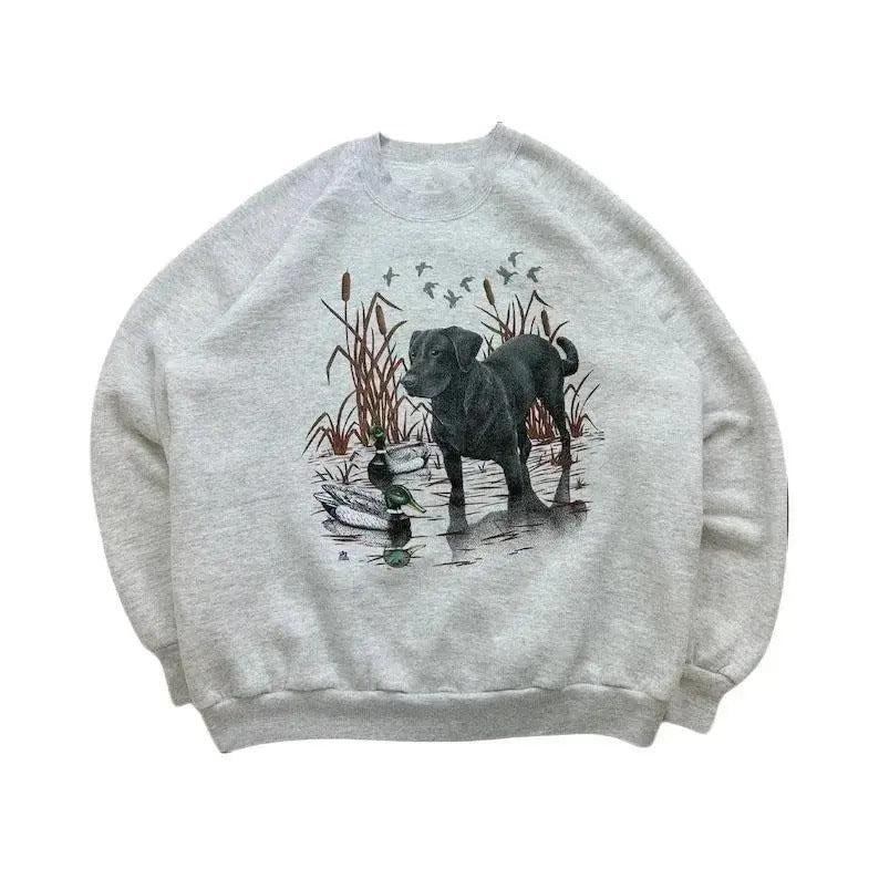 Vintage 90s Black Labrador Dog and Duck Nature Animal Lover Crewneck Sweatshirt Hoodie T-shirt Cotton Fabric