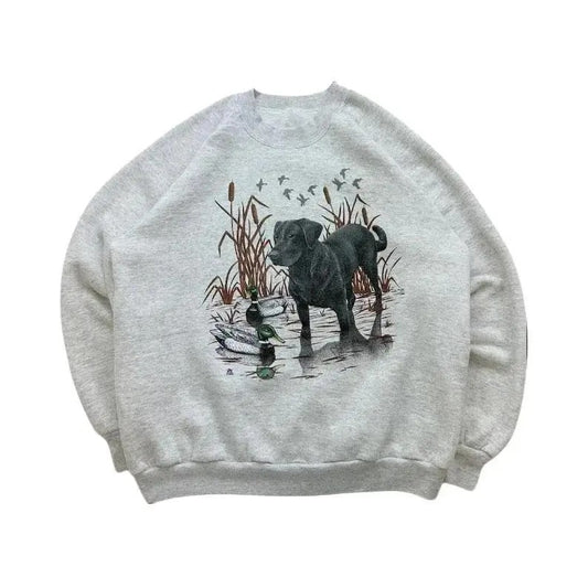 Vintage 90s Black Labrador Dog and Duck Nature Animal Lover Crewneck Sweatshirt Hoodie T-shirt Cotton Fabric