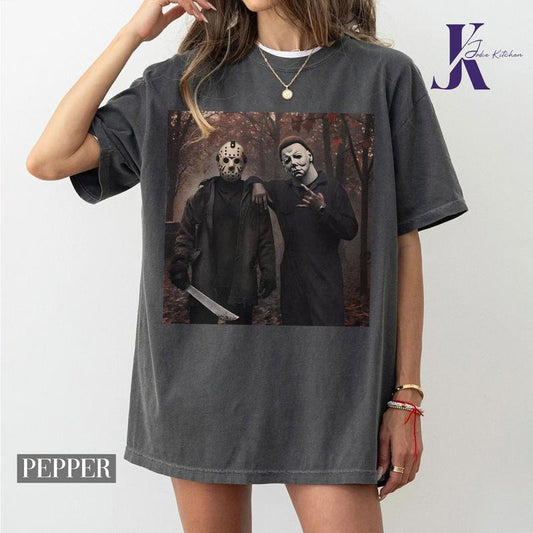 Vintage 90s Halloween Shirt - Comfort Colors Shirt Featuring Michael Myers and Jason Voorheese, Thriller Friday the 13th Horror Theme Top Womenswear