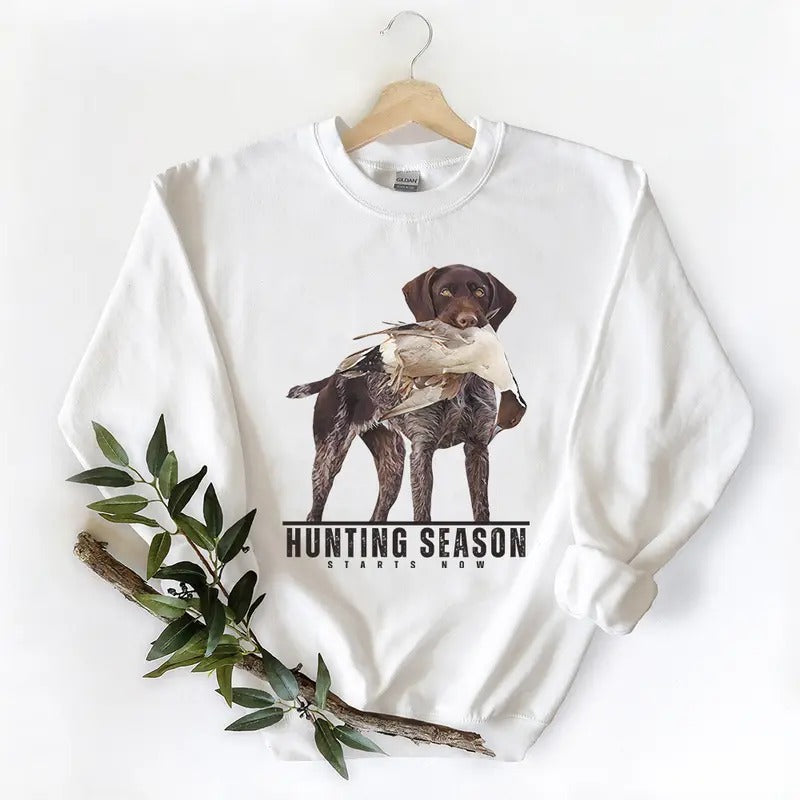 Vintage 90s Hunting Season Dog Mallard Duck Sweatshirt T-shirt, Hello Hunting Season Hoodie, Unisex for Husband, Wife Cotton Womenswear