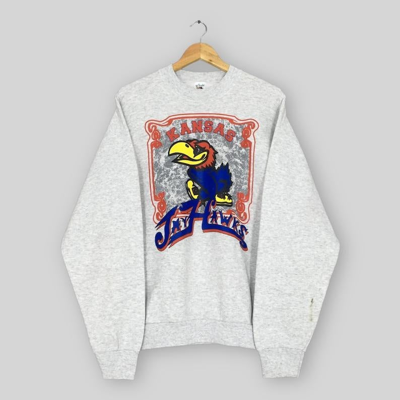 Vintage 90s Kansas Jayhawks Football NCAA Sweatshirt XLarge KU Kansas Jayhawks Spell Out Sweater University Of Kansas Gray Crewneck Size XL Menswear Athletic