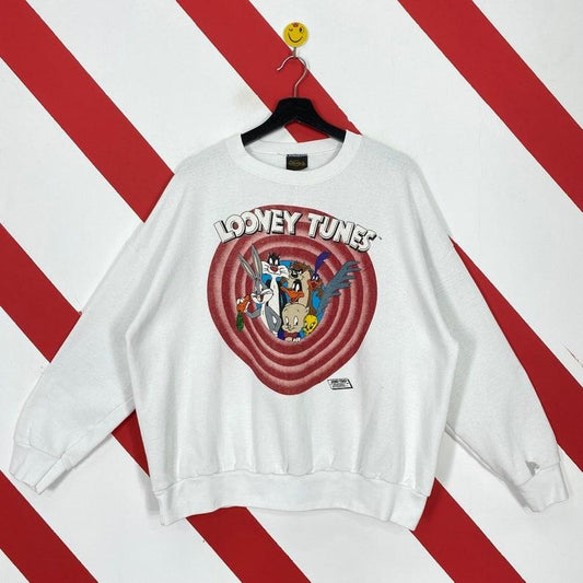 Vintage 90s Looney Tunes Sweatshirt Tasmanian Devil Crewneck Bugs Bunny Tweety Sweater Cartoon Porky Pig Bullseye Print Logo Cotton Menswear