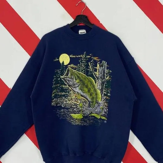 Vintage 90s Outdoor Outfitters Sweatshirt Fish Crewneck Great American Sweater Pullover Lake And Timber Fish Print Logo  Athletic Unisex